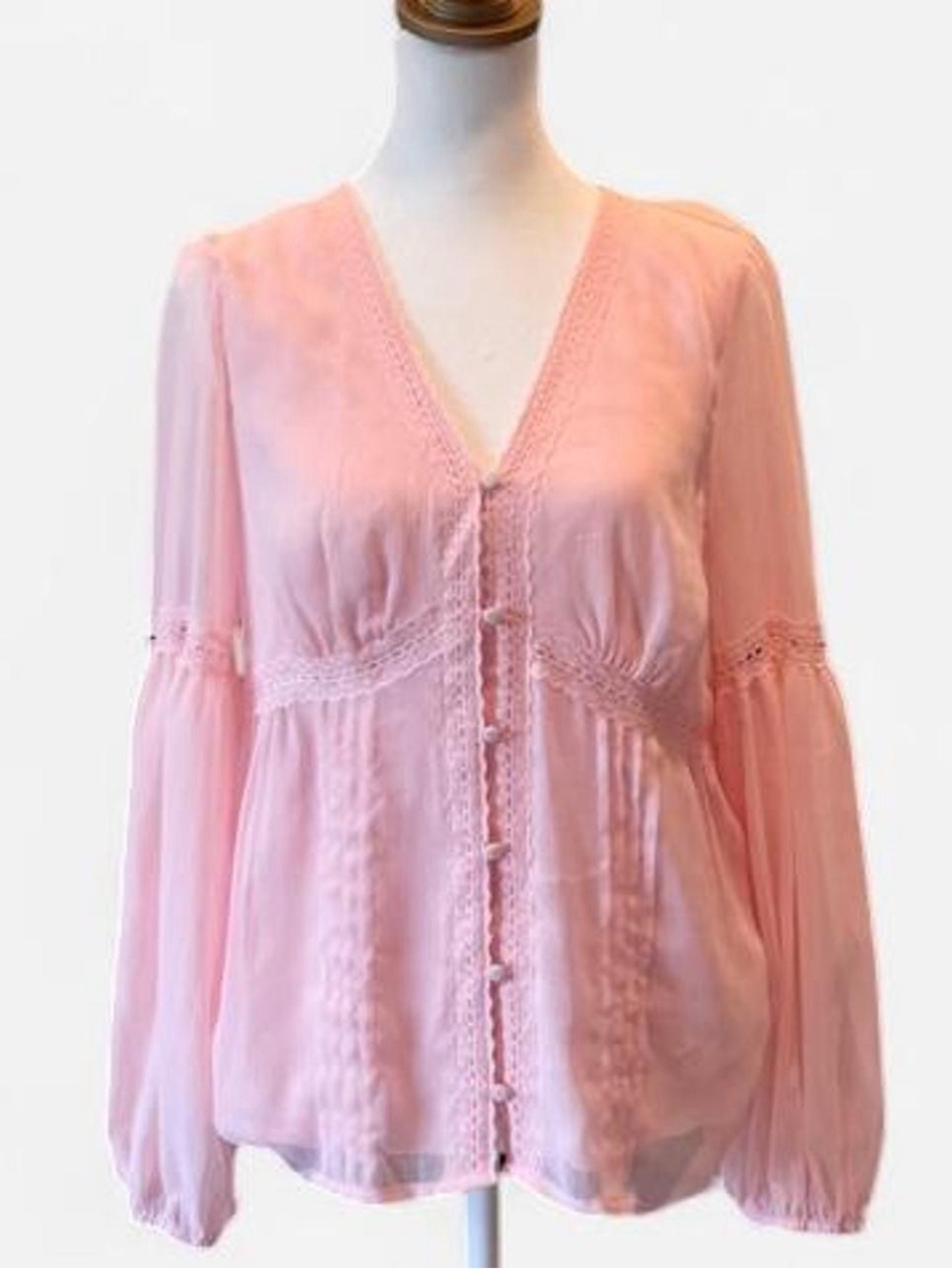 DR2 Blush Pink Lace Trim Boho Romantic Blouse Medium